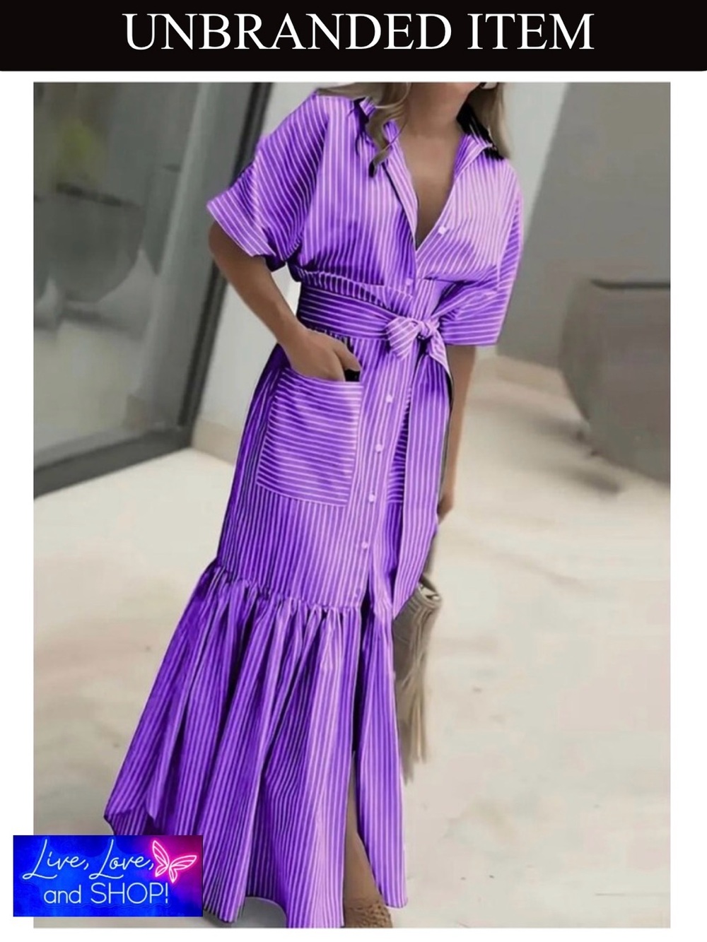 DRESS: Purple & White Digital Printed Striped Dress w/Matching Belt, EUC
